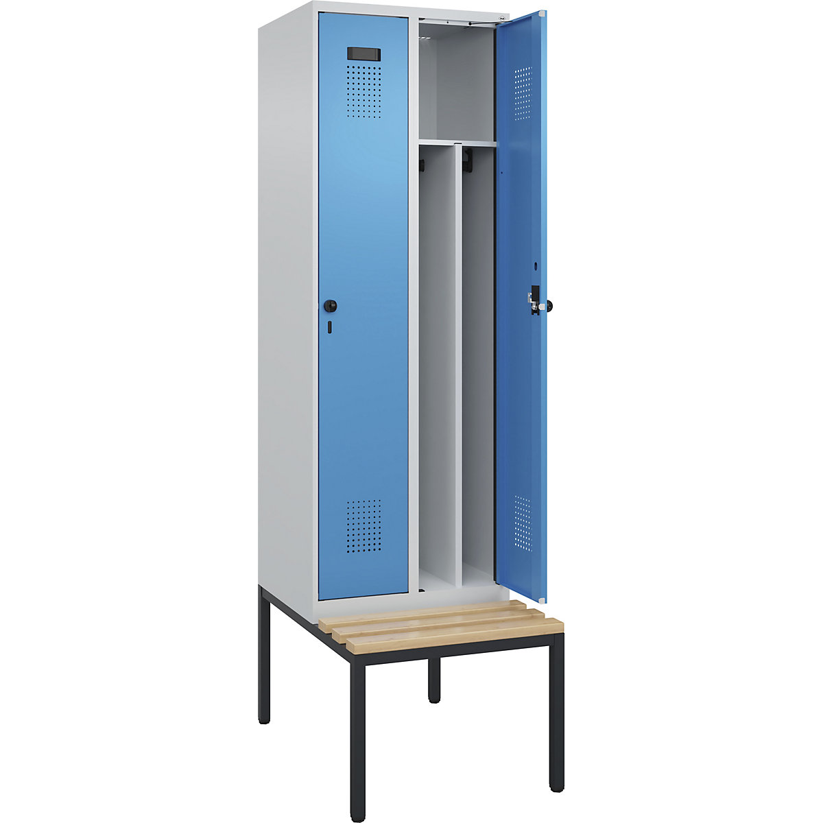 Cacifo com separação de roupa suja/limpa Evolo PLUS com banco, estreito, 2 compartimentos, divisória encurtada, cinzento claro/azul claro, L 600 mm, trinco de segurança rotativo, com banco incorporado, faia-0