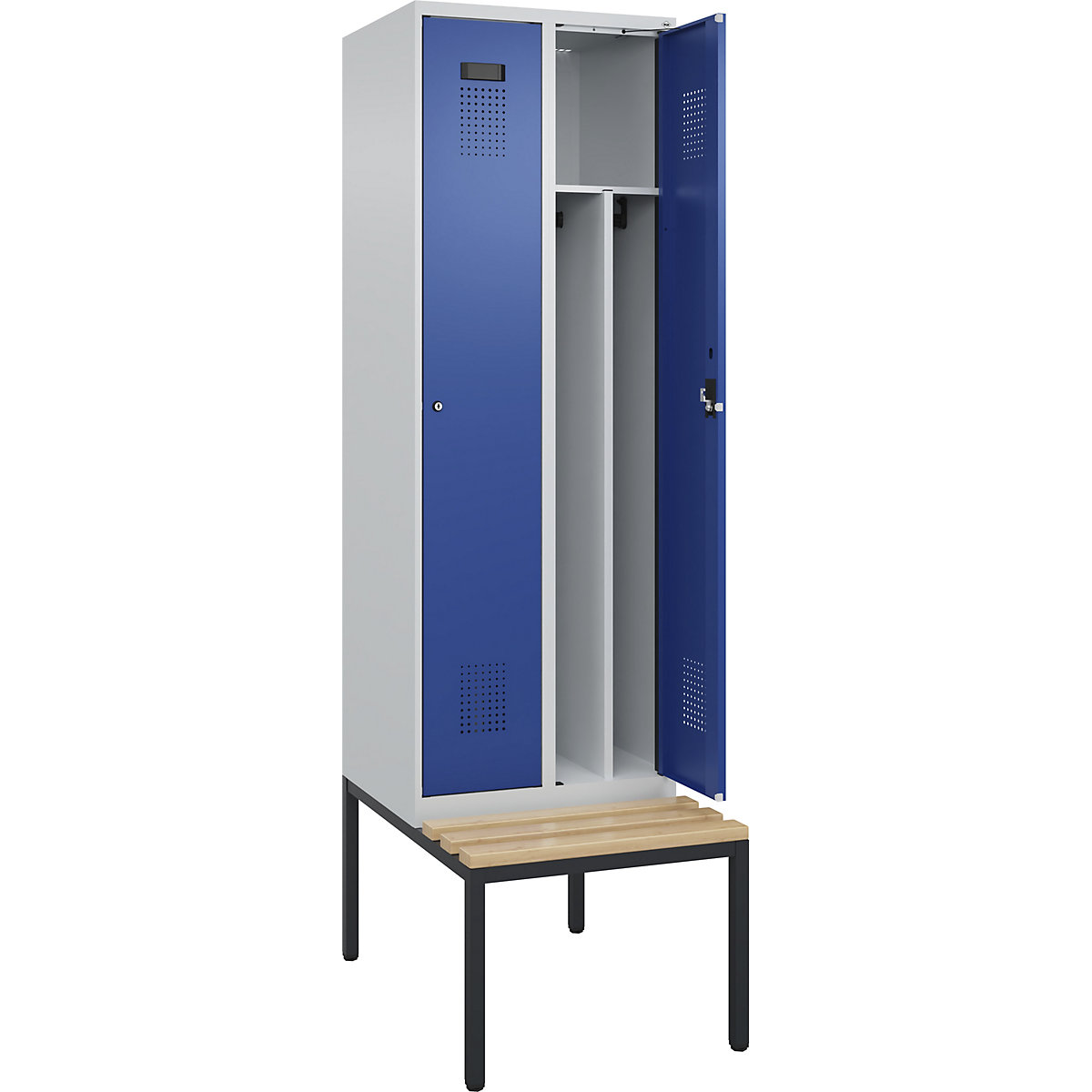 Cacifo com separação de roupa suja/limpa Evolo PLUS com banco, estreito, 2 compartimentos, divisória encurtada, cinzento claro/azul genciana, L 600 mm, fechadura de cilindro, com banco incorporado, faia-0
