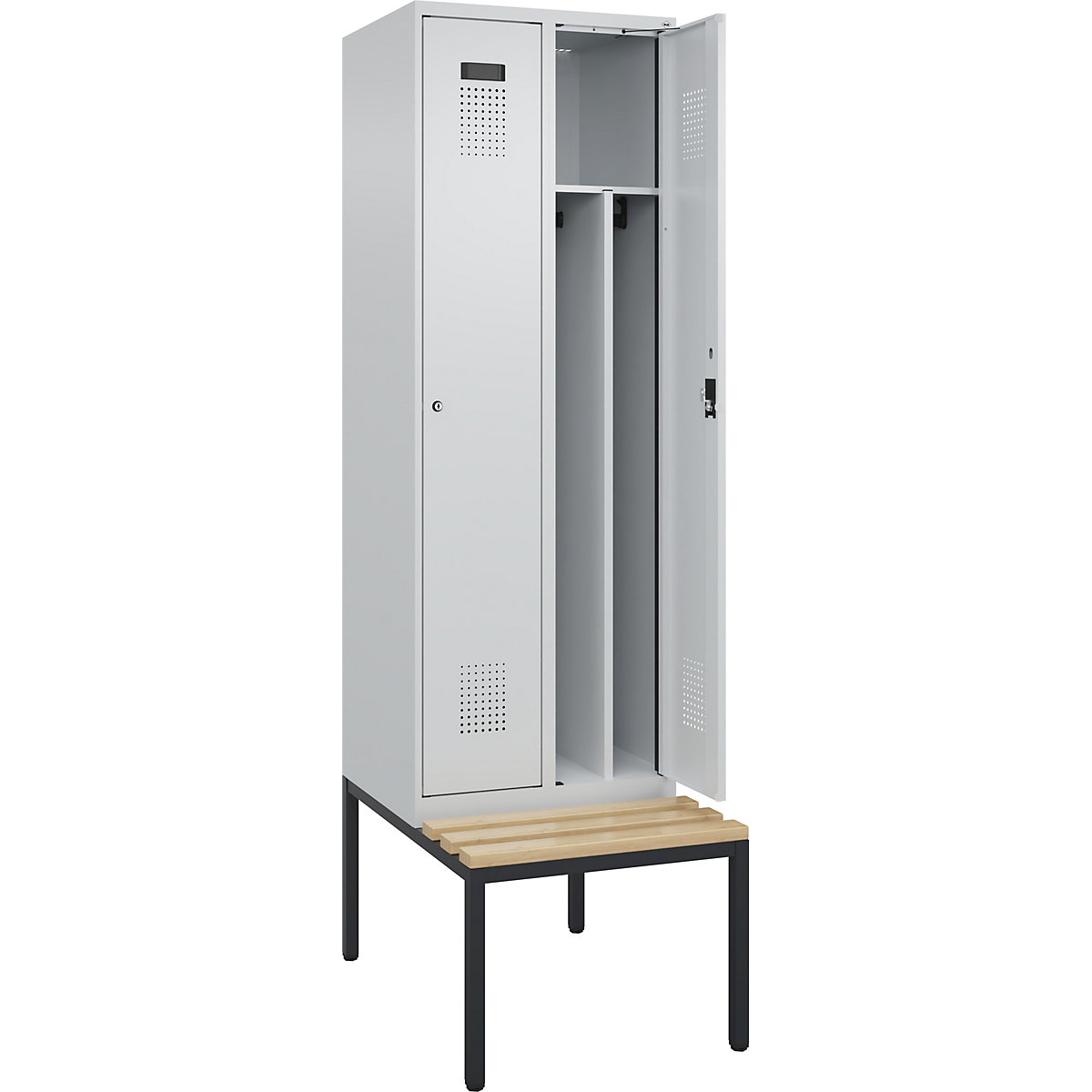 Cacifo com separação de roupa suja/limpa Evolo PLUS com banco, estreito, 2 compartimentos, divisória encurtada, cinzento claro/cinzento claro, L 600 mm, fechadura de cilindro, com banco incorporado, faia-0