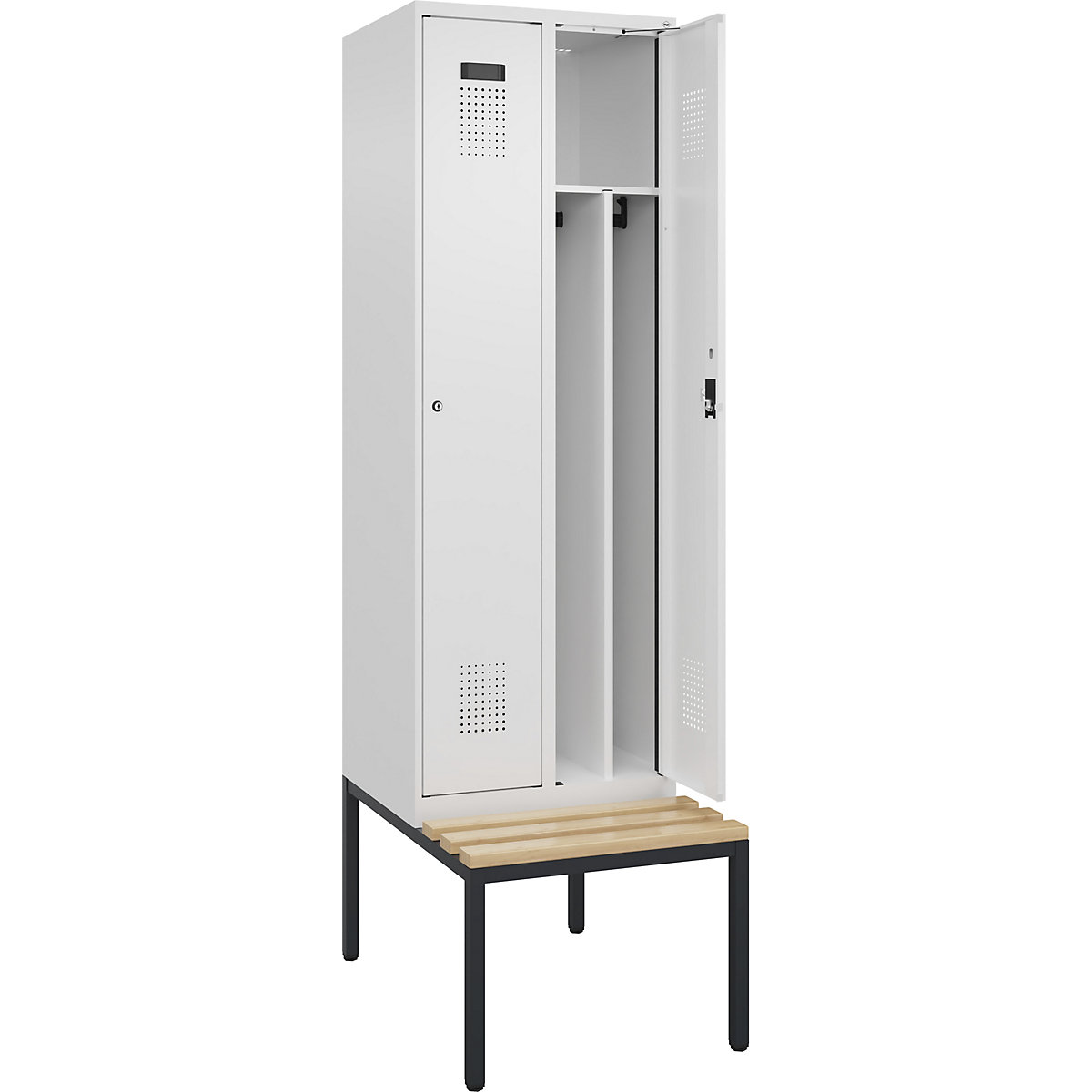 Cacifo com separação de roupa suja/limpa Evolo PLUS com banco, estreito, 2 compartimentos, divisória encurtada, branco, L 600 mm, fechadura de cilindro, com banco incorporado, faia-0