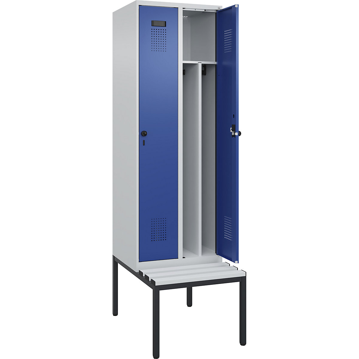 Cacifo com separação de roupa suja/limpa Evolo PLUS com banco, estreito, 2 compartimentos, divisória encurtada, cinzento claro/azul genciana, L 600 mm, trinco de segurança rotativo, com banco incorporado, plástico-0