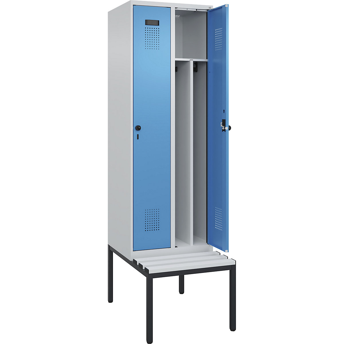 Cacifo com separação de roupa suja/limpa Evolo PLUS com banco, estreito, 2 compartimentos, divisória encurtada, cinzento claro/azul claro, L 600 mm, trinco de segurança rotativo, com banco incorporado, plástico-0