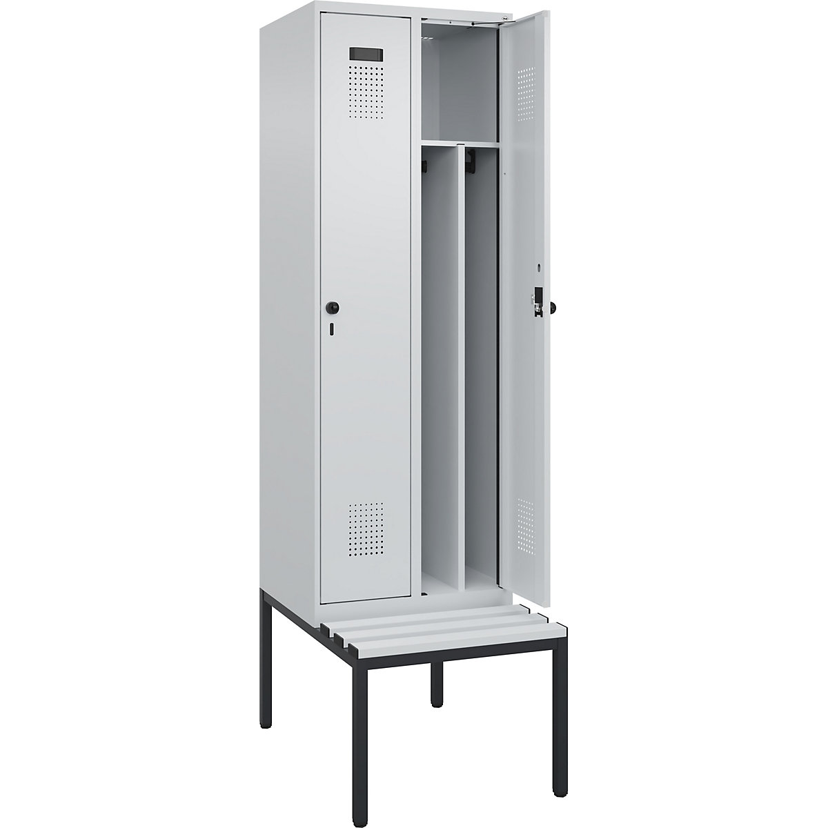 Cacifo com separação de roupa suja/limpa Evolo PLUS com banco, estreito, 2 compartimentos, divisória encurtada, cinzento claro/cinzento claro, L 600 mm, trinco de segurança rotativo, com banco incorporado, plástico-0