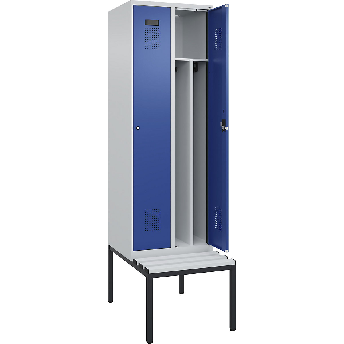 Cacifo com separação de roupa suja/limpa Evolo PLUS com banco, estreito, 2 compartimentos, divisória encurtada, cinzento claro/azul genciana, L 600 mm, fechadura de cilindro, com banco incorporado, plástico-0