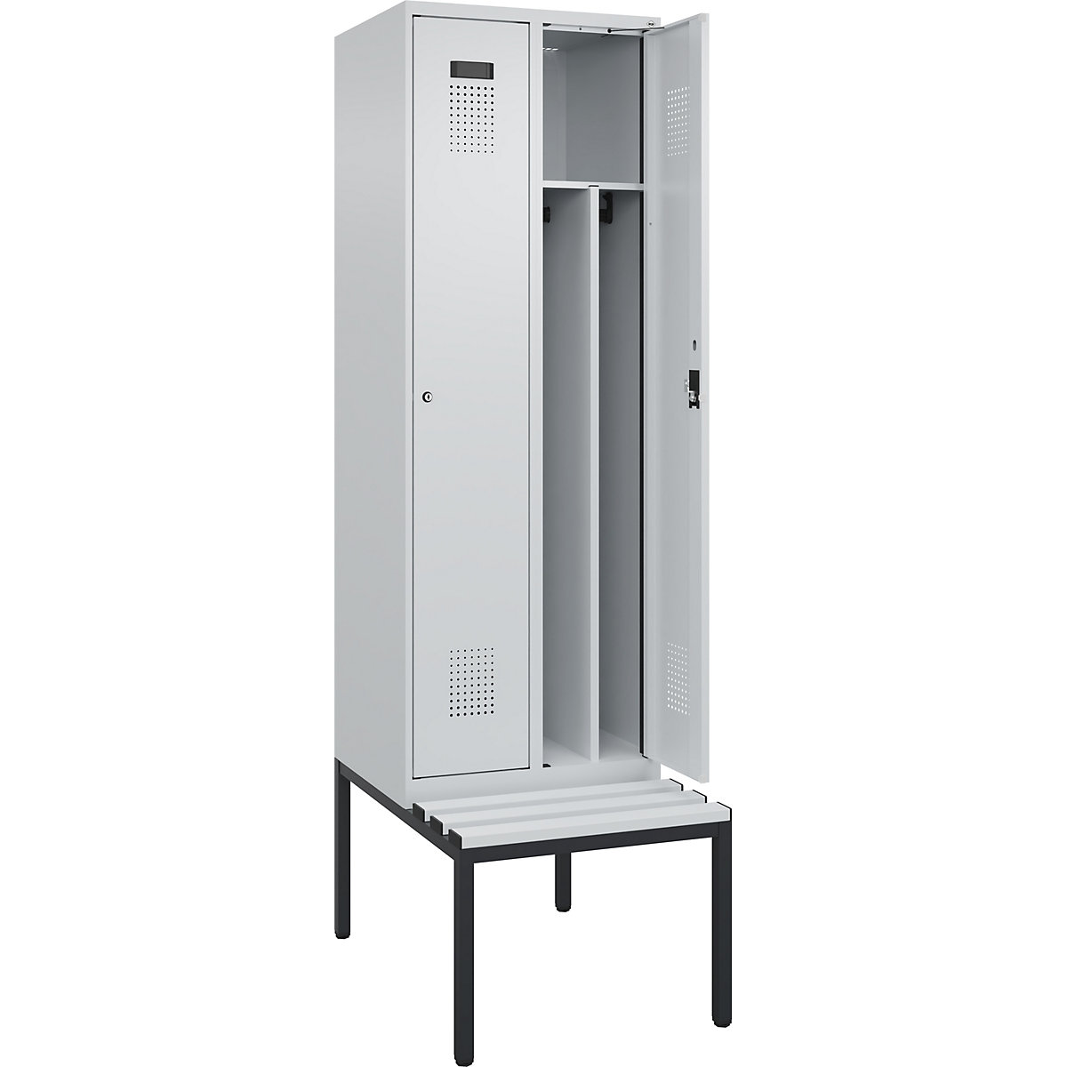 Cacifo com separação de roupa suja/limpa Evolo PLUS com banco, estreito, 2 compartimentos, divisória encurtada, cinzento claro/cinzento claro, L 600 mm, fechadura de cilindro, com banco incorporado, plástico-0