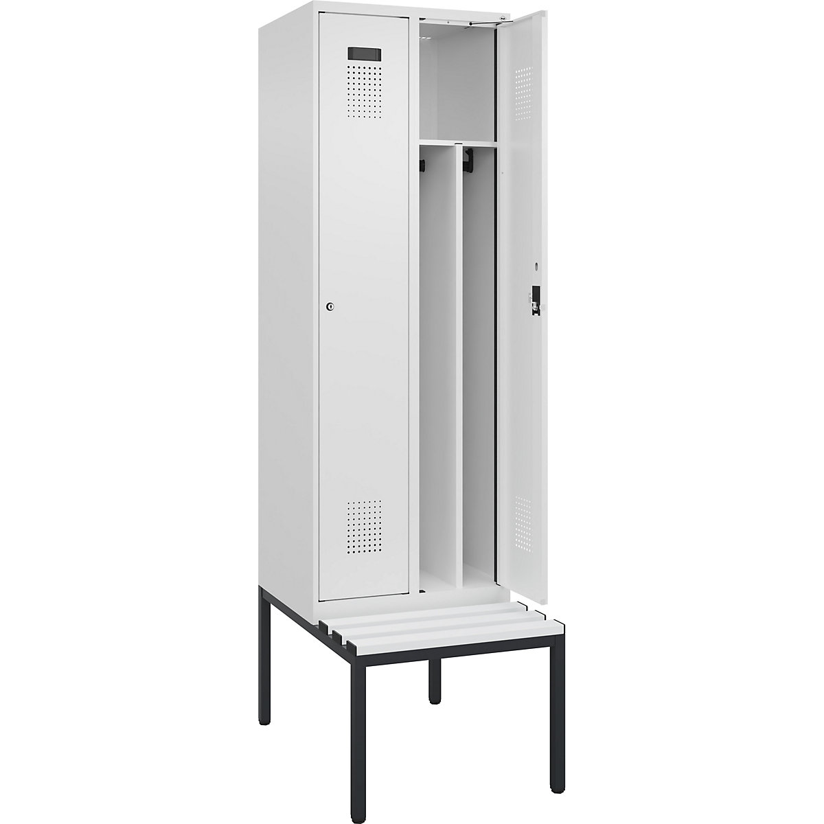 Cacifo com separação de roupa suja/limpa Evolo PLUS com banco, estreito, 2 compartimentos, divisória encurtada, branco, L 600 mm, fechadura de cilindro, com banco incorporado, plástico-0