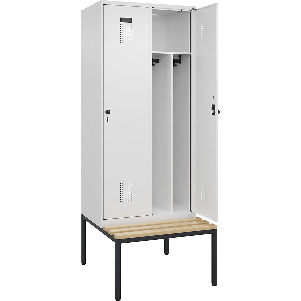 Cacifo com separação de roupa suja/limpa Evolo PLUS com banco, estreito, 2 compartimentos, divisória encurtada, branco, L 800 mm, trinco de segurança rotativo, com banco incorporado, faia-0