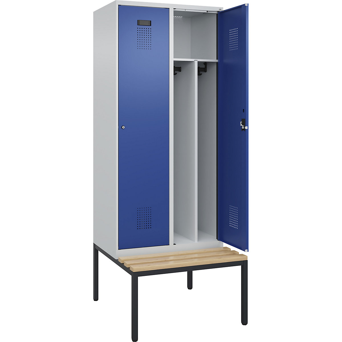 Cacifo com separação de roupa suja/limpa Evolo PLUS com banco, estreito, 2 compartimentos, divisória encurtada, cinzento claro/azul genciana, L 800 mm, fechadura de cilindro, com banco incorporado, faia-0