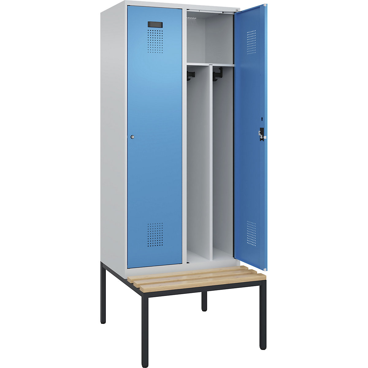 Cacifo com separação de roupa suja/limpa Evolo PLUS com banco, estreito, 2 compartimentos, divisória encurtada, cinzento claro/azul claro, L 800 mm, fechadura de cilindro, com banco incorporado, faia-0