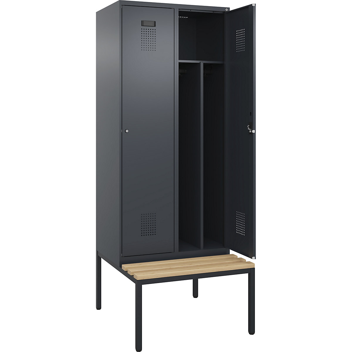 Cacifo com separação de roupa suja/limpa Evolo PLUS com banco, estreito, 2 compartimentos, divisória encurtada, cinzento, L 800 mm, fechadura de cilindro, com banco incorporado, faia-0