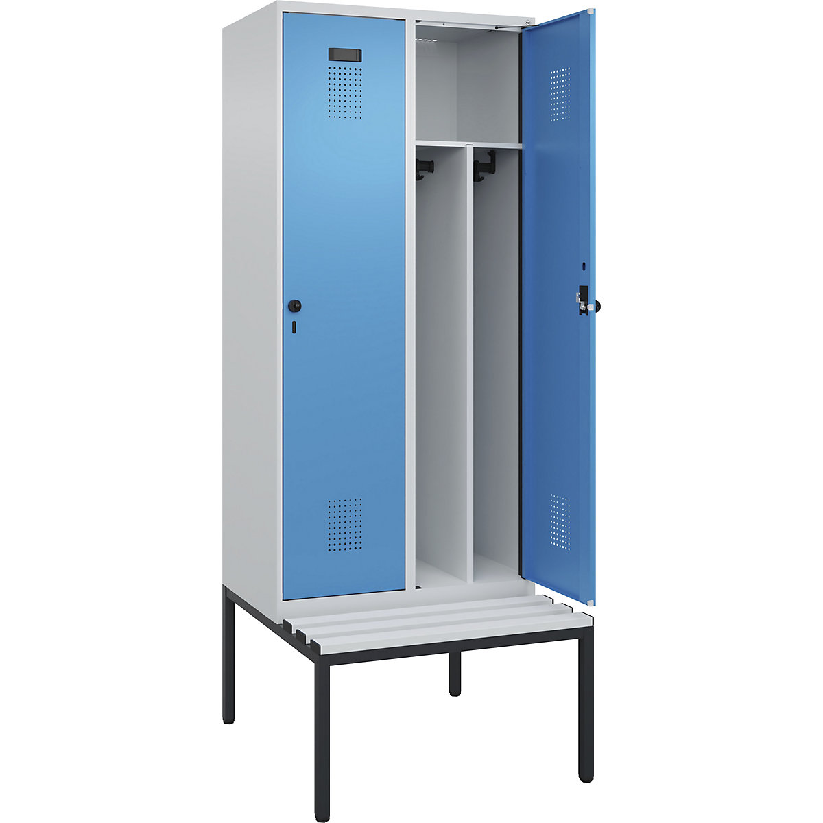 Cacifo com separação de roupa suja/limpa Evolo PLUS com banco, estreito, 2 compartimentos, divisória encurtada, cinzento claro/azul claro, L 800 mm, trinco de segurança rotativo, com banco incorporado, plástico-0