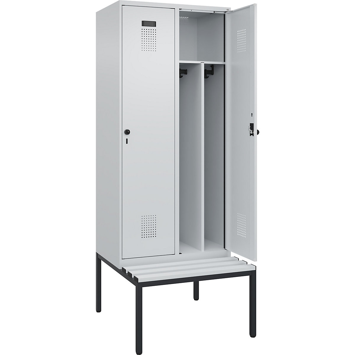 Cacifo com separação de roupa suja/limpa Evolo PLUS com banco, estreito, 2 compartimentos, divisória encurtada, cinzento claro/cinzento claro, L 800 mm, trinco de segurança rotativo, com banco incorporado, plástico-0