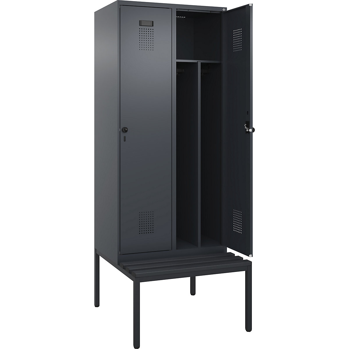 Cacifo com separação de roupa suja/limpa Evolo PLUS com banco, estreito, 2 compartimentos, divisória encurtada, cinzento, L 800 mm, trinco de segurança rotativo, com banco incorporado, plástico-0