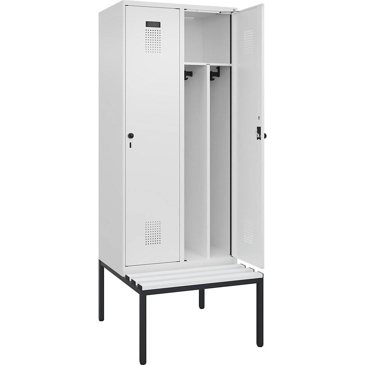 Cacifo com separação de roupa suja/limpa Evolo PLUS com banco, estreito, 2 compartimentos, divisória encurtada, branco, L 800 mm, trinco de segurança rotativo, com banco incorporado, plástico-0
