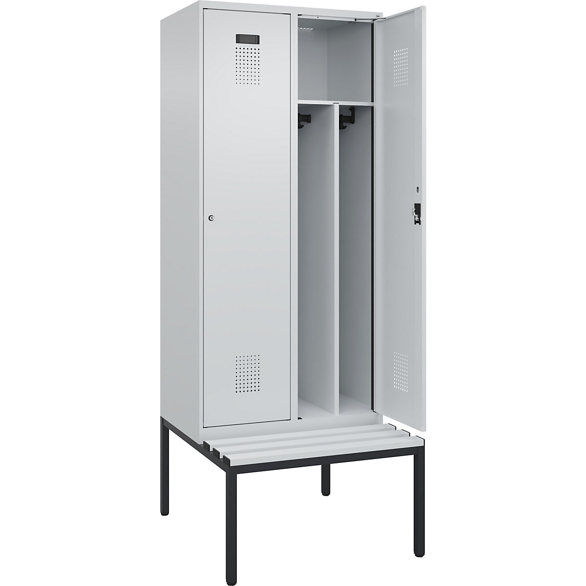 Cacifo com separação de roupa suja/limpa Evolo PLUS com banco, estreito, 2 compartimentos, divisória encurtada, cinzento claro/cinzento claro, L 800 mm, fechadura de cilindro, com banco incorporado, plástico-0