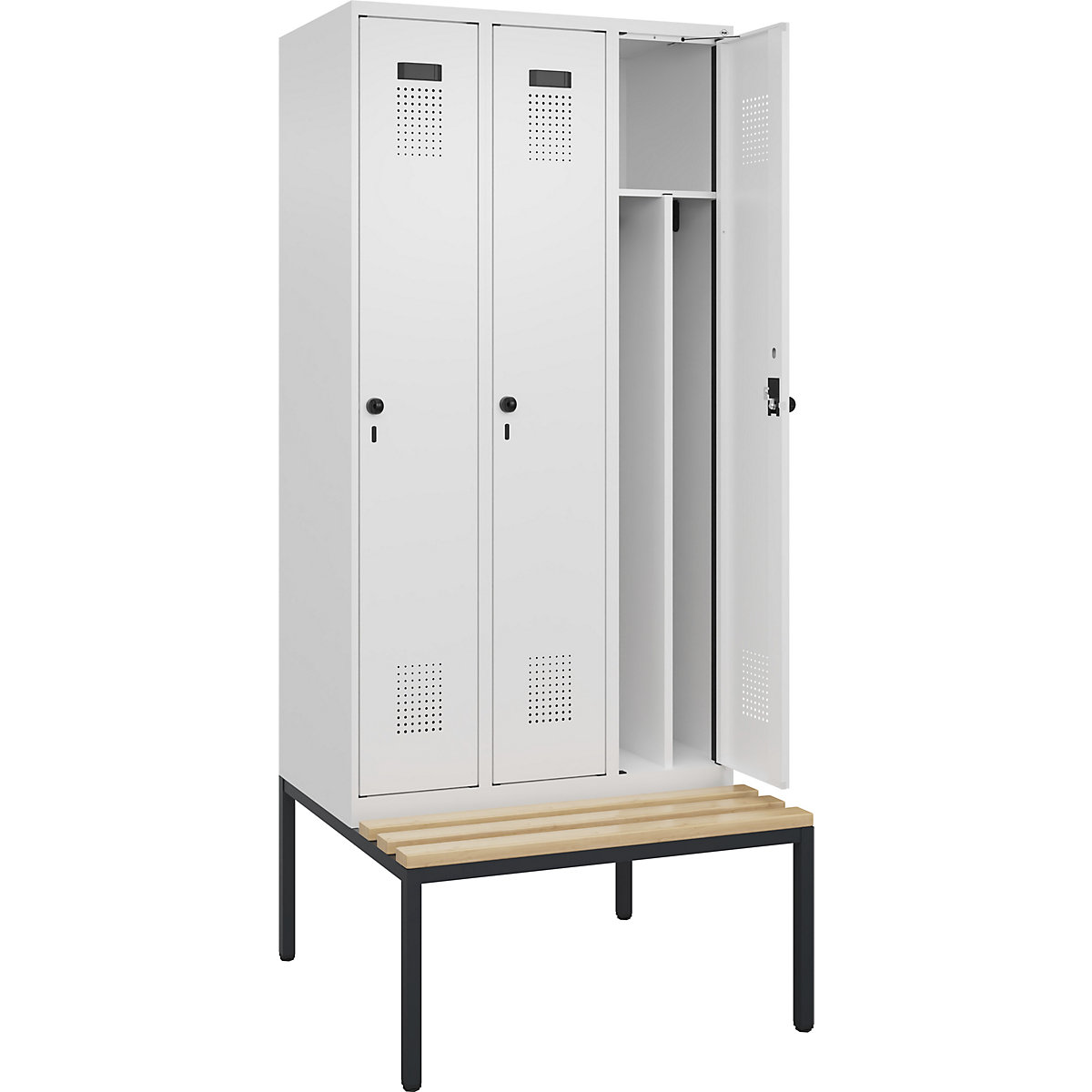 Cacifo com separação de roupa suja/limpa Evolo PLUS com banco, estreito, 3 compartimentos, divisória encurtada, branco, L 900 mm, trinco de segurança rotativo, com banco incorporado, faia-0