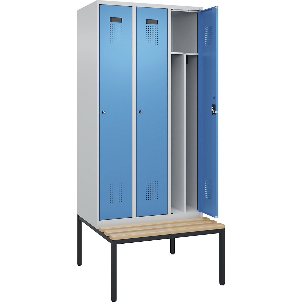 Cacifo com separação de roupa suja/limpa Evolo PLUS com banco, estreito, 3 compartimentos, divisória encurtada, cinzento claro/azul claro, L 900 mm, fechadura de cilindro, com banco incorporado, faia-0