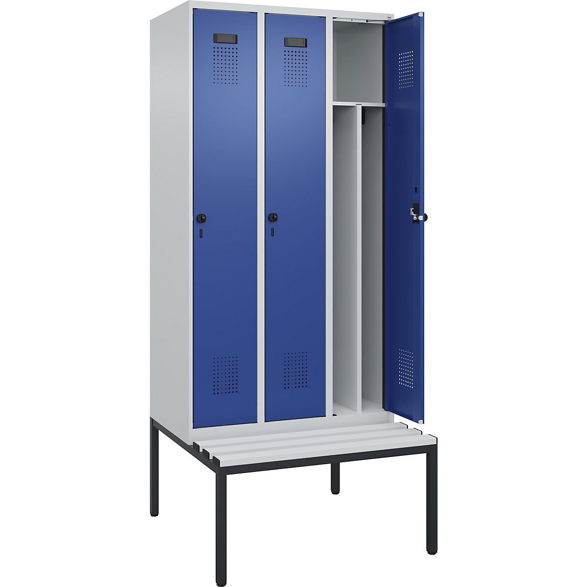 Cacifo com separação de roupa suja/limpa Evolo PLUS com banco, estreito, 3 compartimentos, divisória encurtada, cinzento claro/azul genciana, L 900 mm, trinco de segurança rotativo, com banco incorporado, plástico-0