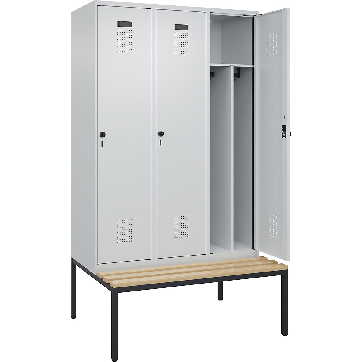 Cacifo com separação de roupa suja/limpa Evolo PLUS com banco, estreito, 3 compartimentos, divisória encurtada, cinzento claro/cinzento claro, L 1200 mm, trinco de segurança rotativo, com banco incorporado, faia-0