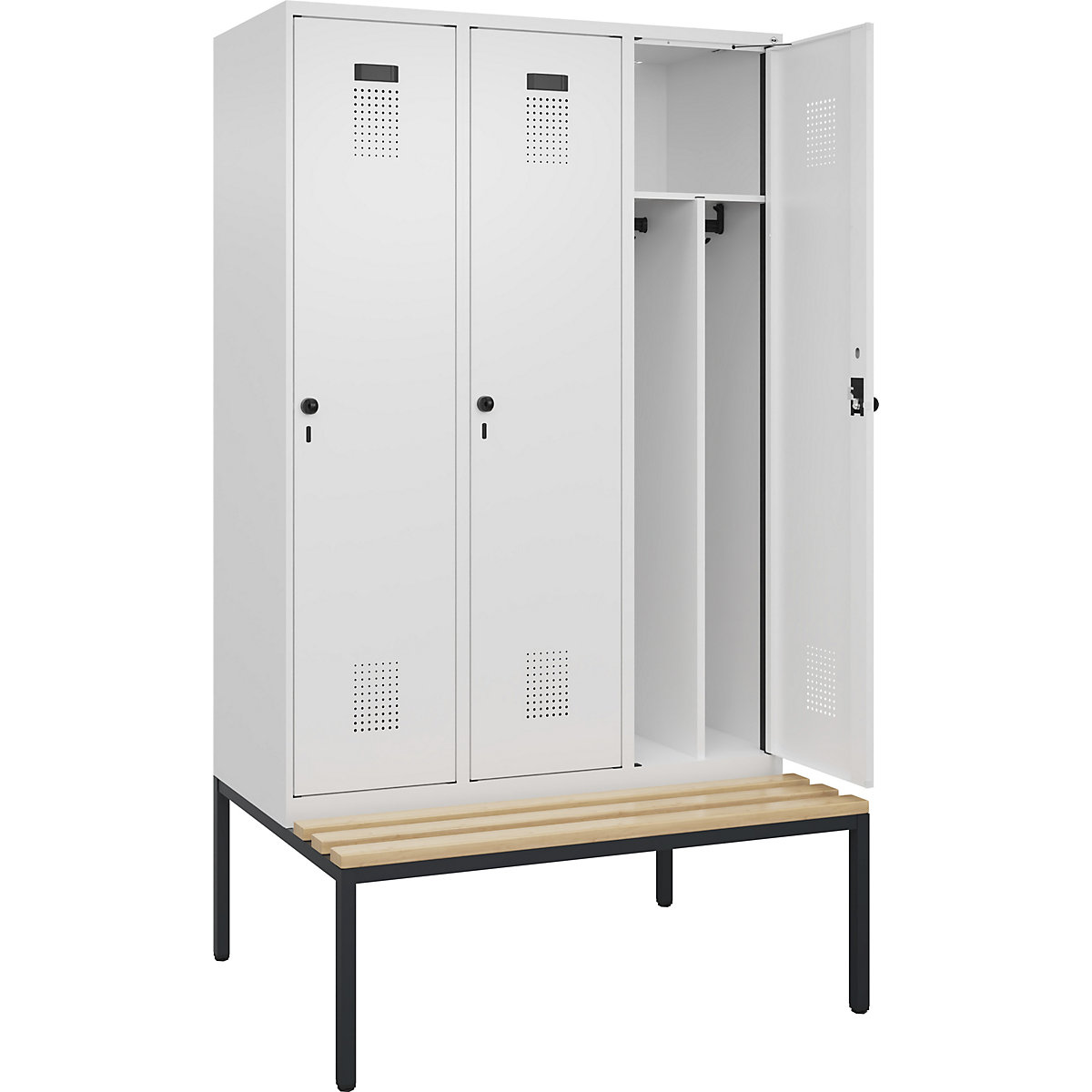 Cacifo com separação de roupa suja/limpa Evolo PLUS com banco, estreito, 3 compartimentos, divisória encurtada, branco, L 1200 mm, trinco de segurança rotativo, com banco incorporado, faia-0