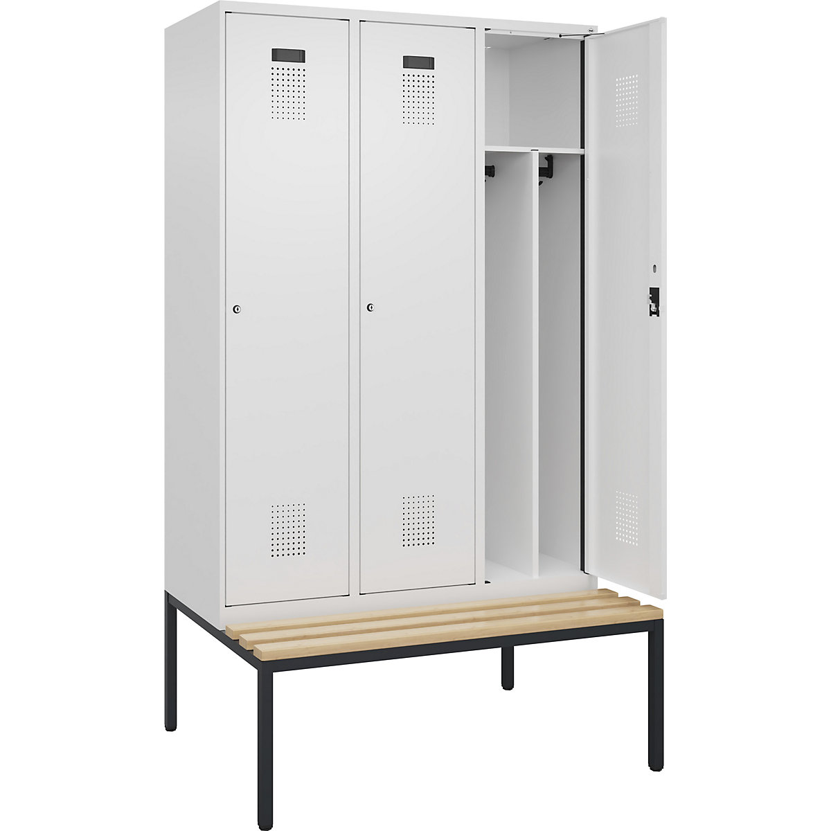 Cacifo com separação de roupa suja/limpa Evolo PLUS com banco, estreito, 3 compartimentos, divisória encurtada, branco, L 1200 mm, fechadura de cilindro, com banco incorporado, faia-0