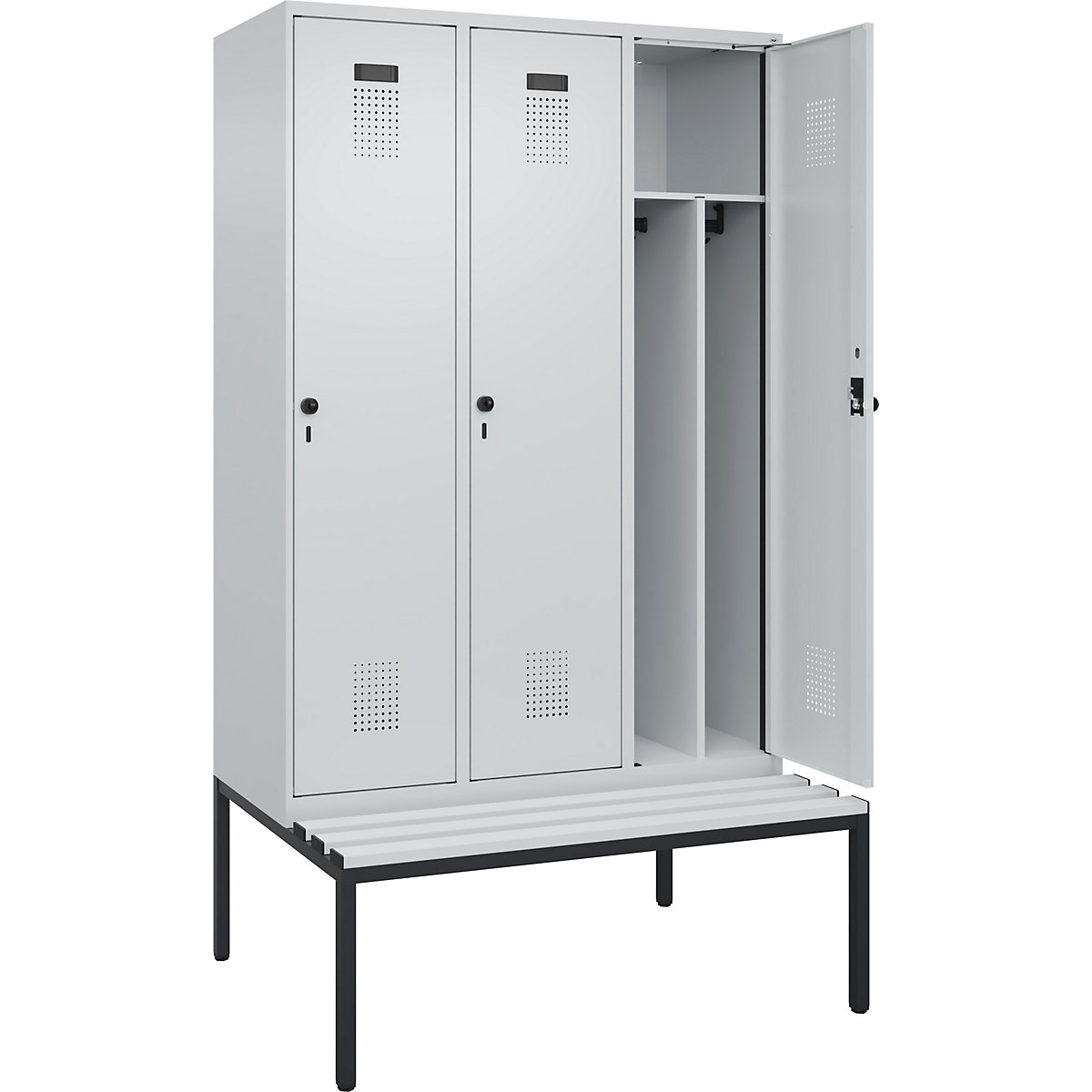 Cacifo com separação de roupa suja/limpa Evolo PLUS com banco, estreito, 3 compartimentos, divisória encurtada, cinzento claro/cinzento claro, L 1200 mm, trinco de segurança rotativo, com banco incorporado, plástico-0