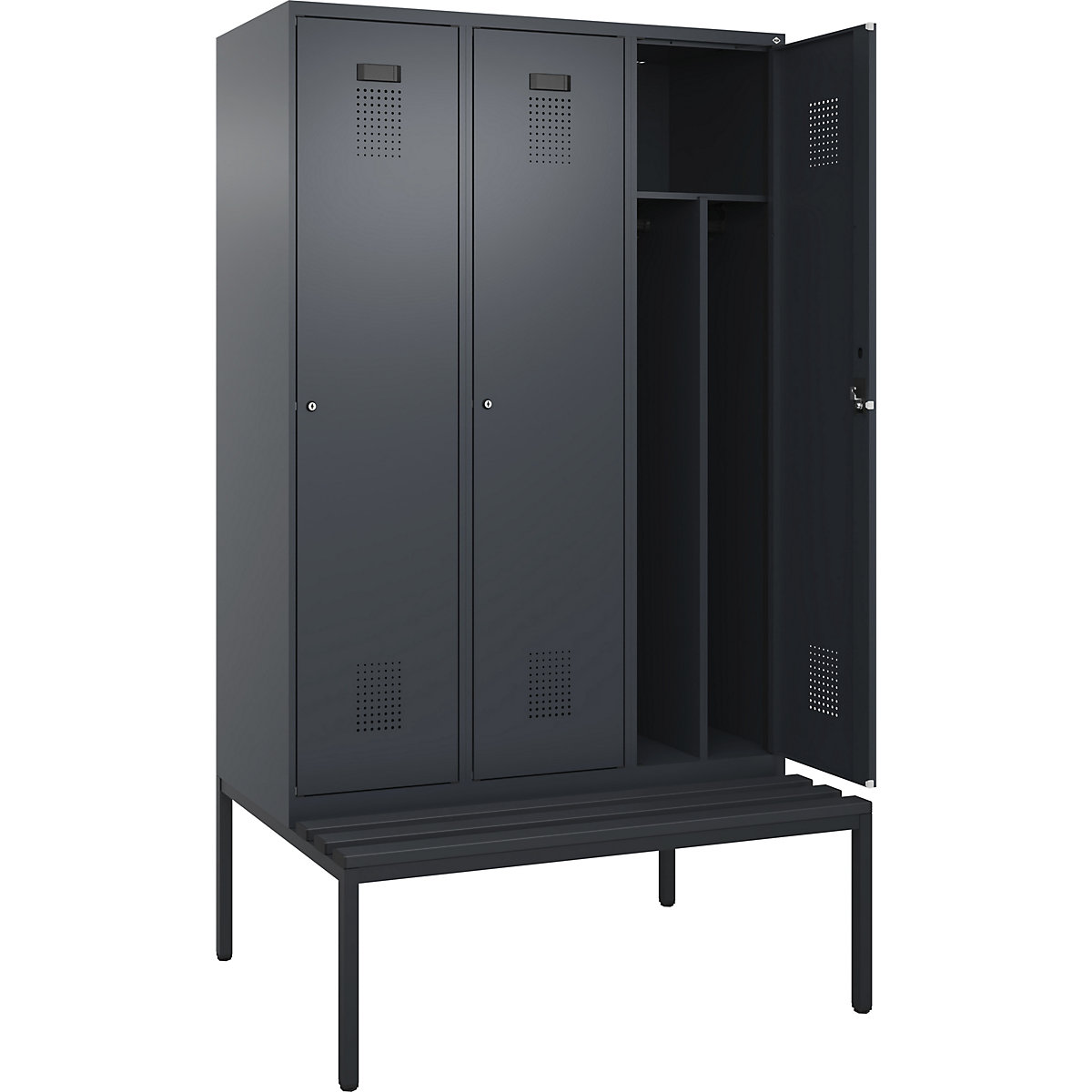 Cacifo com separação de roupa suja/limpa Evolo PLUS com banco, estreito, 3 compartimentos, divisória encurtada, cinzento, L 1200 mm, fechadura de cilindro, com banco incorporado, plástico-0