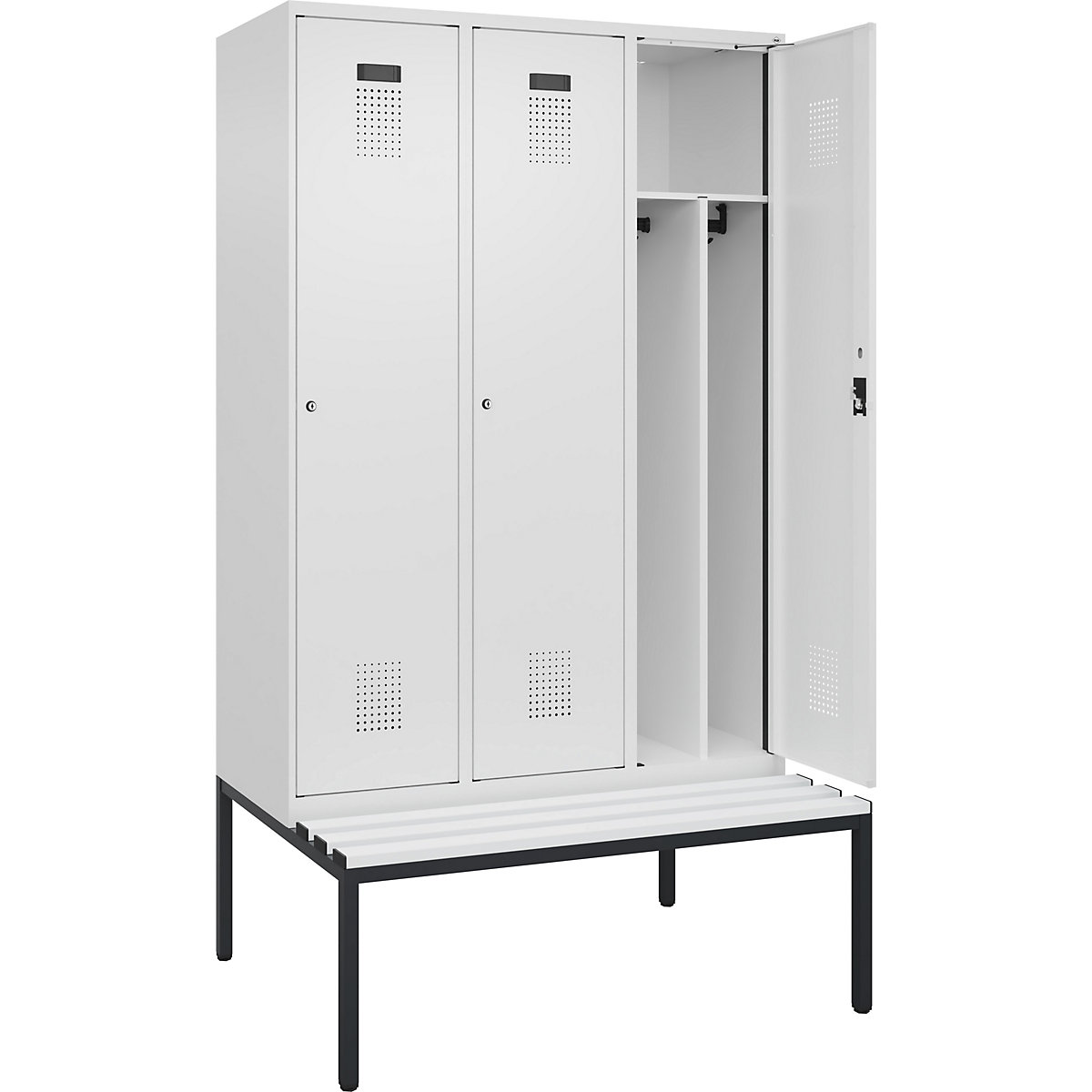 Cacifo com separação de roupa suja/limpa Evolo PLUS com banco, estreito, 3 compartimentos, divisória encurtada, branco, L 1200 mm, fechadura de cilindro, com banco incorporado, plástico-0