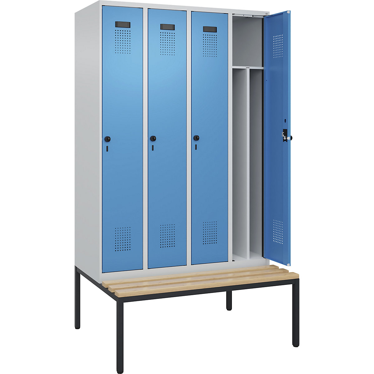 Cacifo com separação de roupa suja/limpa Evolo PLUS com banco, estreito, 4 compartimentos, divisória encurtada, cinzento claro/azul claro, L 1200 mm, trinco de segurança rotativo, com banco incorporado, faia-0