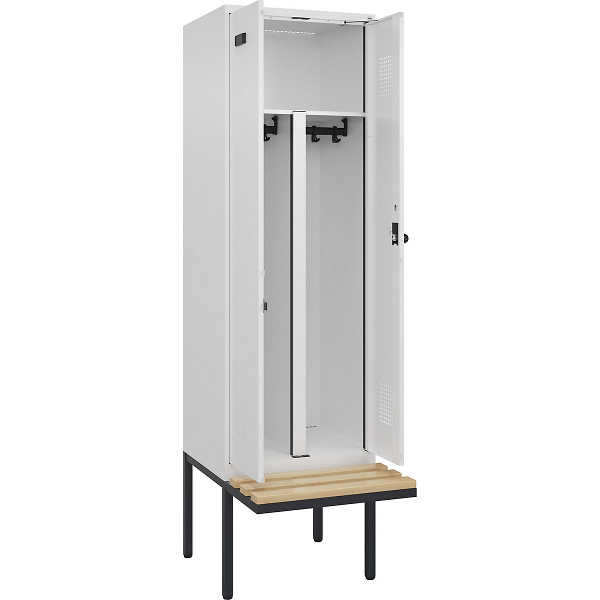 Cacifo com separação de roupa suja/limpa Evolo PLUS com banco, 2 compartimentos, divisória encurtada, branco, L 600 mm, trinco de segurança rotativo, com banco saliente, faia-0