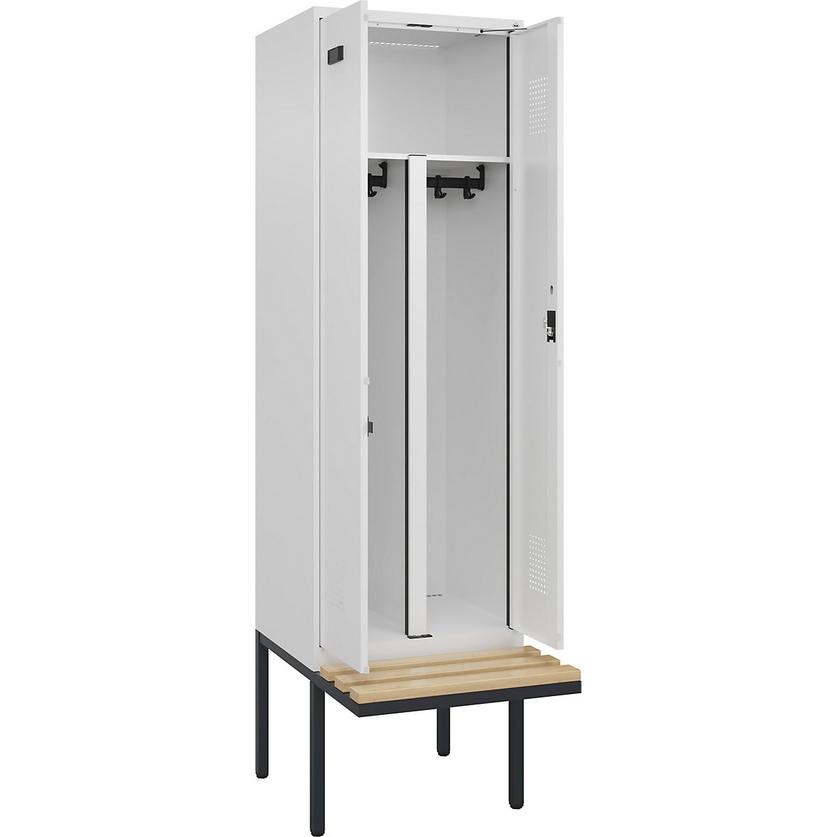 Cacifo com separação de roupa suja/limpa Evolo PLUS com banco, 2 compartimentos, divisória encurtada, branco, L 600 mm, fechadura de cilindro, com banco saliente, faia-0