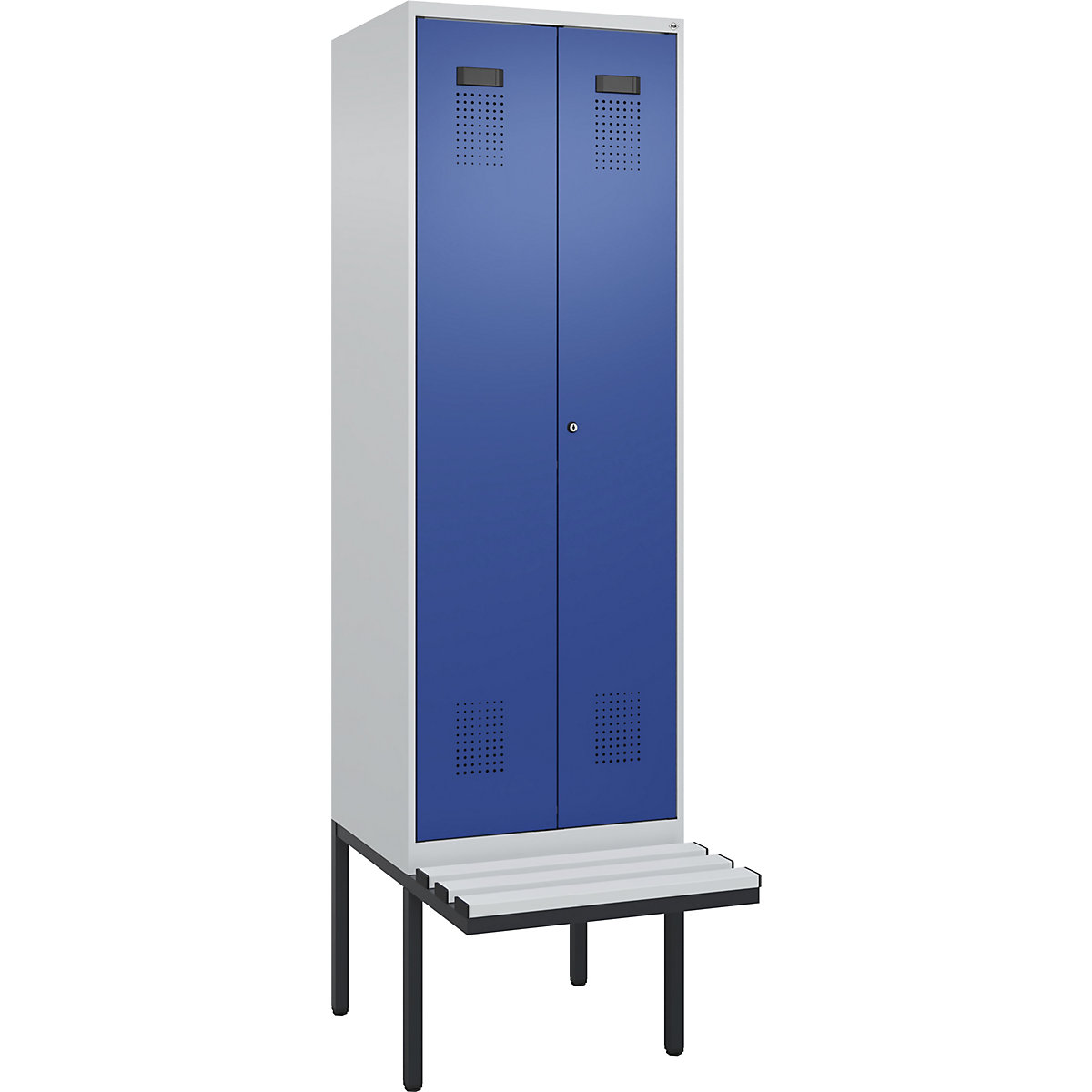 Cacifo com separação de roupa suja/limpa Evolo PLUS com banco, 2 compartimentos, divisória encurtada, cinzento claro/azul genciana, L 600 mm, fechadura de cilindro, com banco saliente, plástico-0