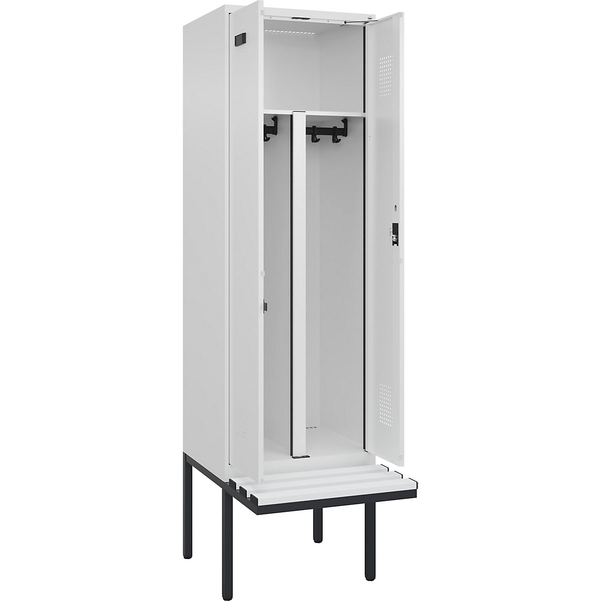 Cacifo com separação de roupa suja/limpa Evolo PLUS com banco, 2 compartimentos, divisória encurtada, branco, L 600 mm, fechadura de cilindro, com banco saliente, plástico-0