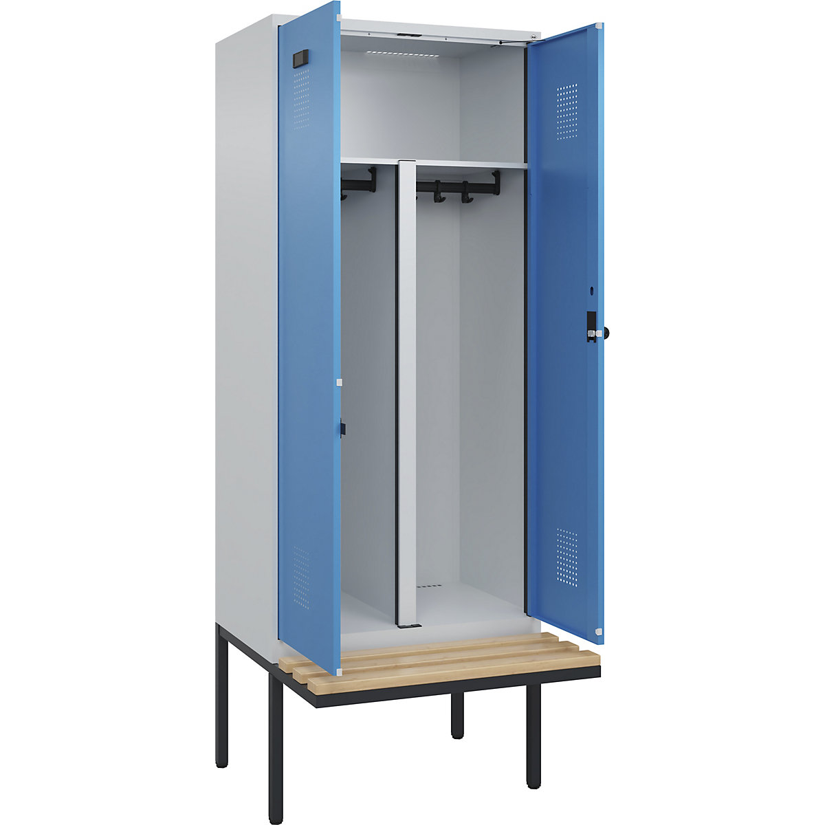 Cacifo com separação de roupa suja/limpa Evolo PLUS com banco, 2 compartimentos, divisória encurtada, cinzento claro/azul claro, L 800 mm, trinco de segurança rotativo, com banco saliente, faia-0