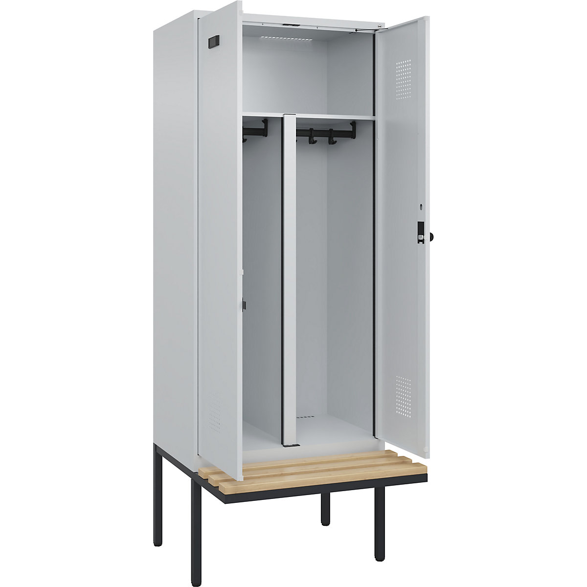 Cacifo com separação de roupa suja/limpa Evolo PLUS com banco, 2 compartimentos, divisória encurtada, cinzento claro/cinzento claro, L 800 mm, trinco de segurança rotativo, com banco saliente, faia-0