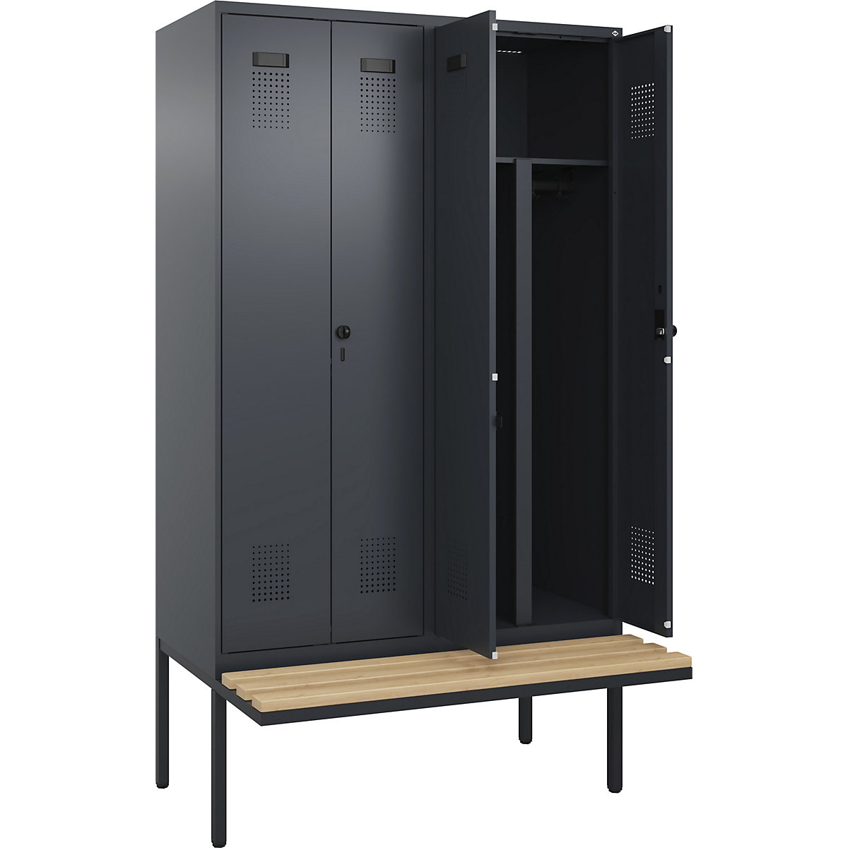 Cacifo com separação de roupa suja/limpa Evolo PLUS com banco, 4 compartimentos, divisória encurtada, cinzento, L 1200 mm, trinco de segurança rotativo, com banco saliente, faia-0