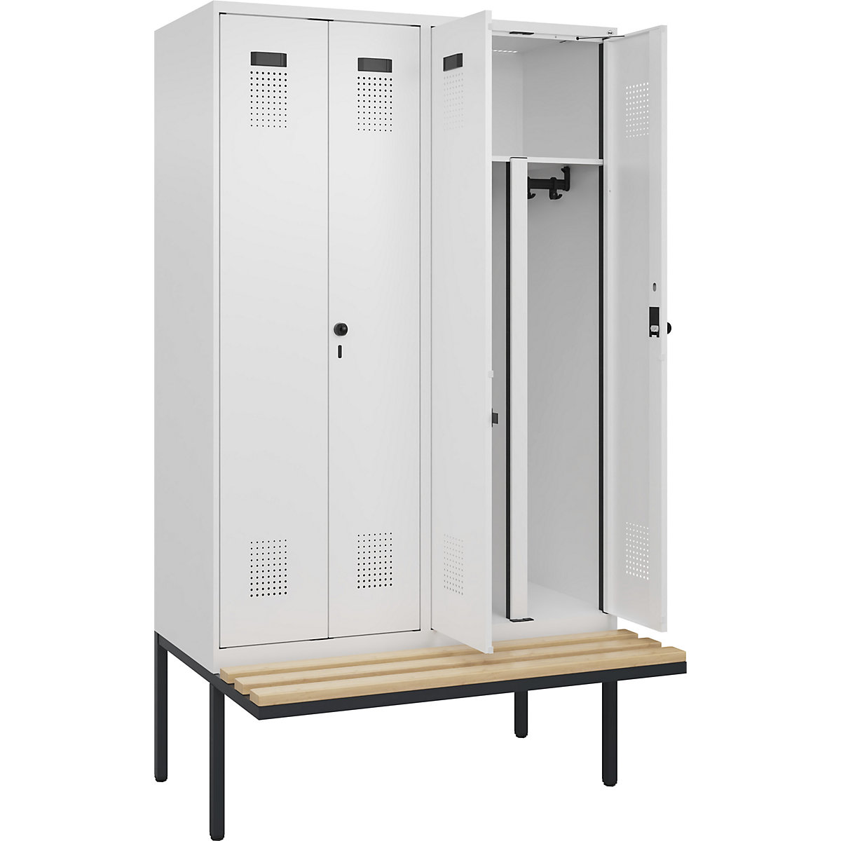 Cacifo com separação de roupa suja/limpa Evolo PLUS com banco, 4 compartimentos, divisória encurtada, branco, L 1200 mm, trinco de segurança rotativo, com banco saliente, faia-0