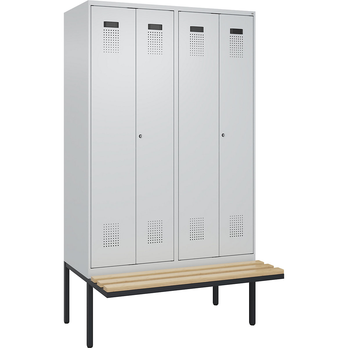 Cacifo com separação de roupa suja/limpa Evolo PLUS com banco, 4 compartimentos, divisória encurtada, cinzento claro/cinzento claro, L 1200 mm, fechadura de cilindro, com banco saliente, faia-0