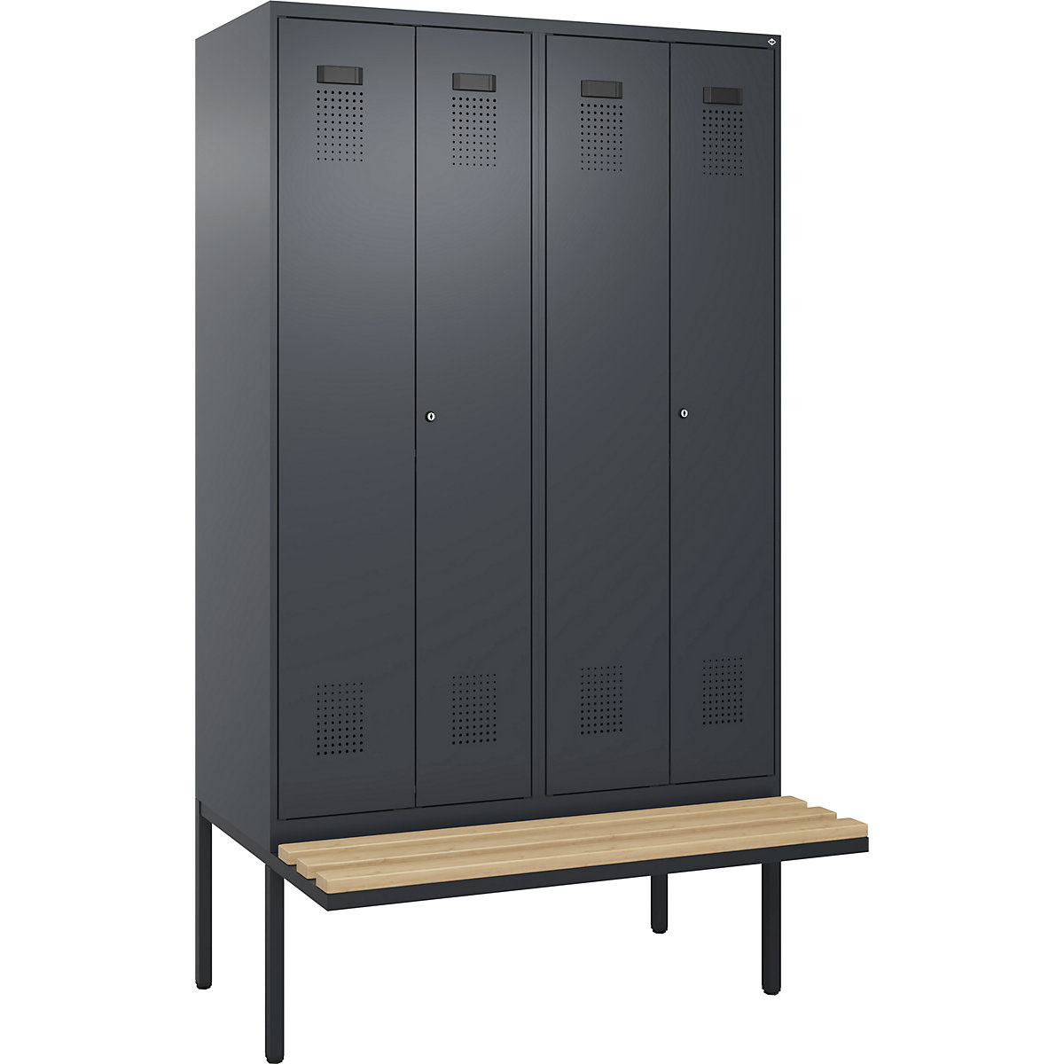 Cacifo com separação de roupa suja/limpa Evolo PLUS com banco, 4 compartimentos, divisória encurtada, cinzento, L 1200 mm, fechadura de cilindro, com banco saliente, faia-0