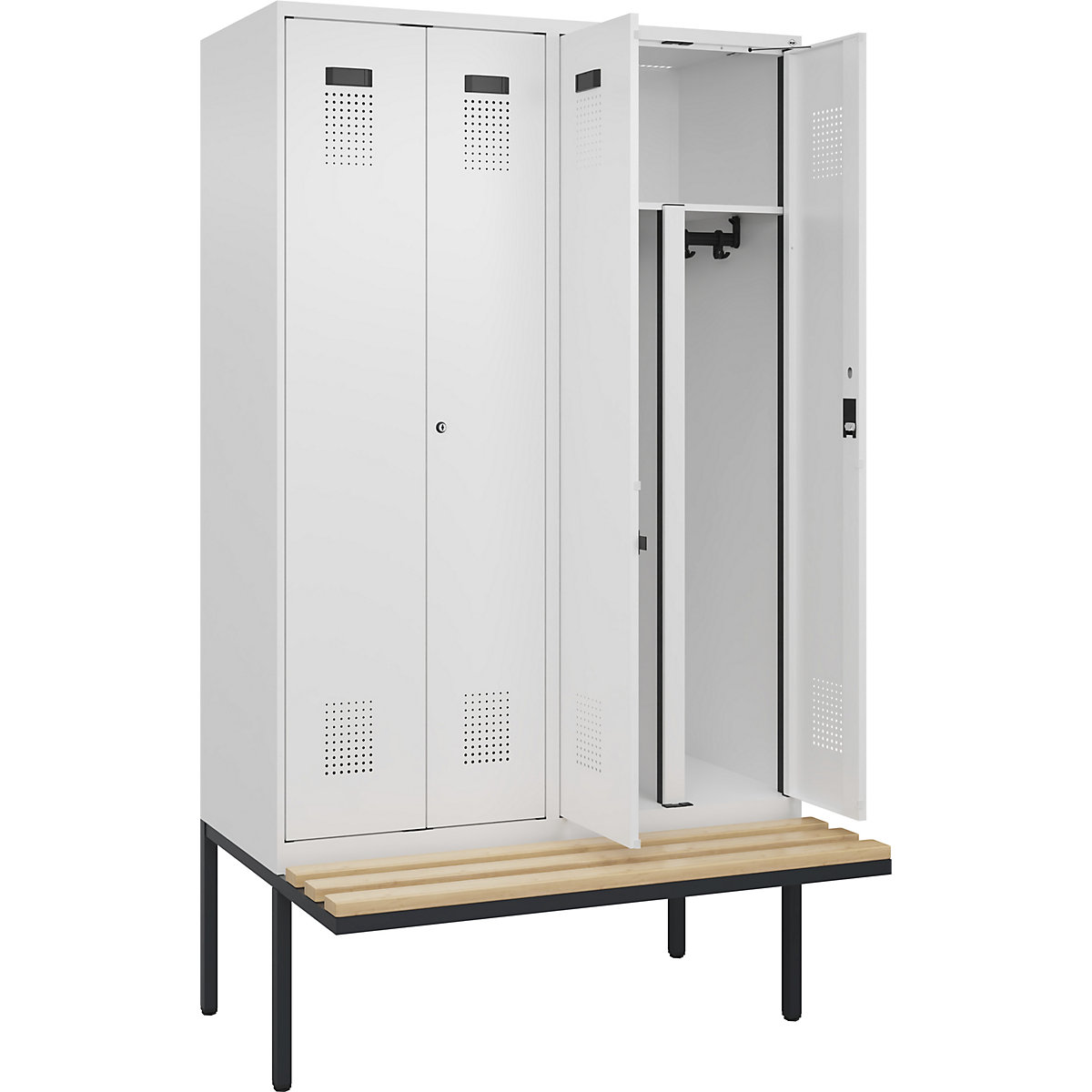Cacifo com separação de roupa suja/limpa Evolo PLUS com banco, 4 compartimentos, divisória encurtada, branco, L 1200 mm, fechadura de cilindro, com banco saliente, faia-0