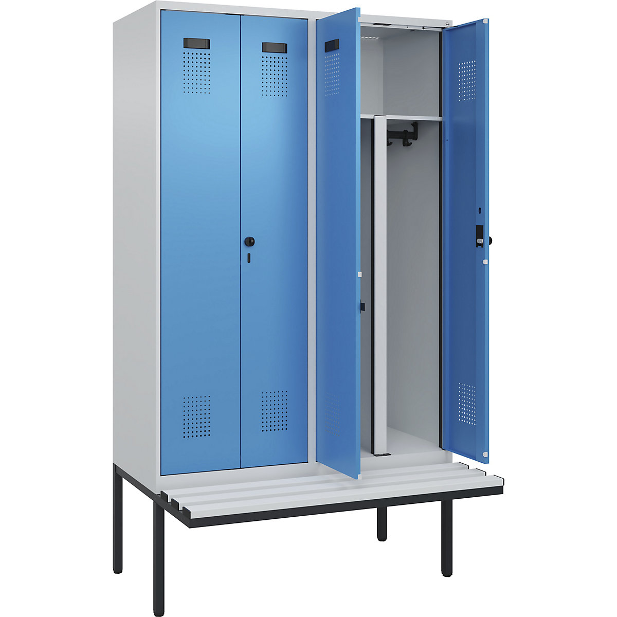 Cacifo com separação de roupa suja/limpa Evolo PLUS com banco, 4 compartimentos, divisória encurtada, cinzento claro/azul claro, L 1200 mm, trinco de segurança rotativo, com banco saliente, plástico-0