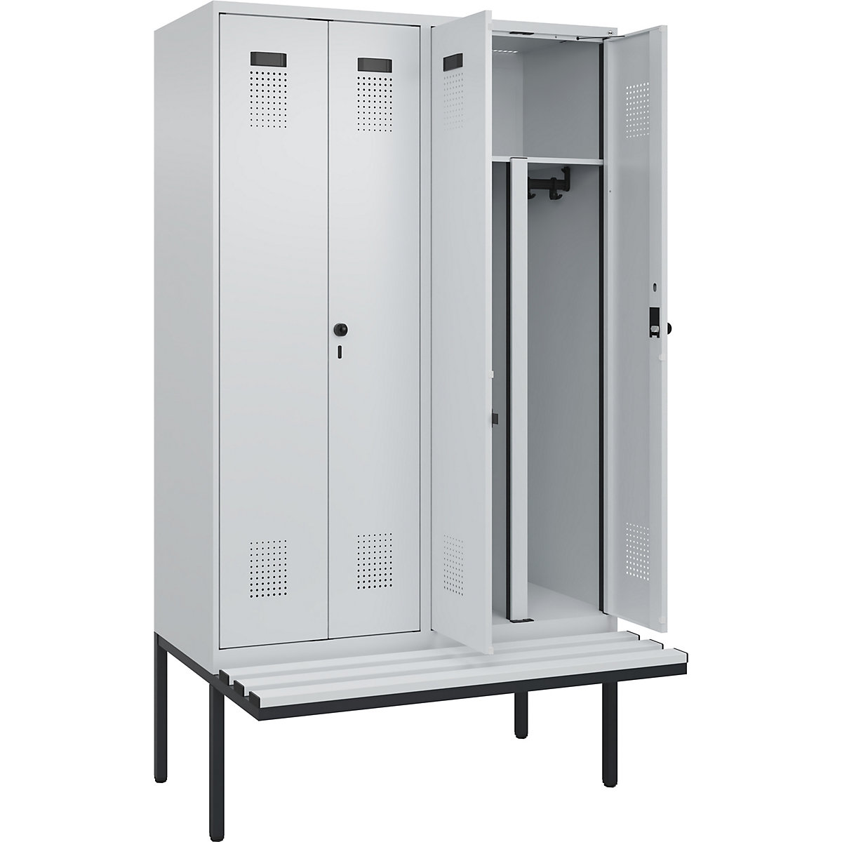 Cacifo com separação de roupa suja/limpa Evolo PLUS com banco, 4 compartimentos, divisória encurtada, cinzento claro/cinzento claro, L 1200 mm, trinco de segurança rotativo, com banco saliente, plástico-0