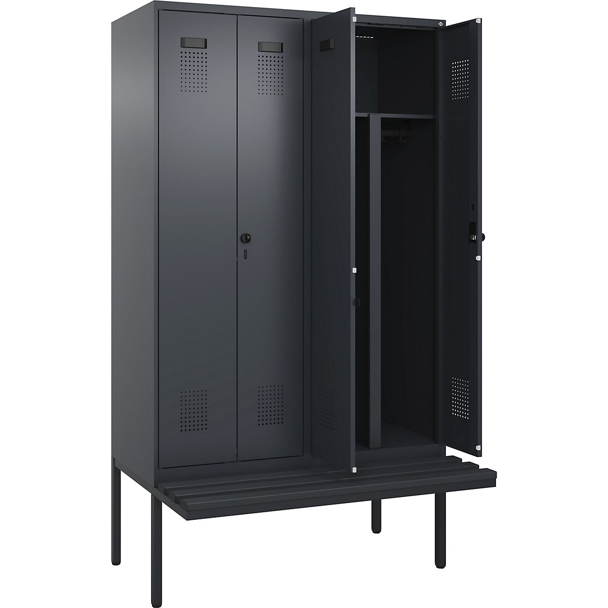 Cacifo com separação de roupa suja/limpa Evolo PLUS com banco, 4 compartimentos, divisória encurtada, cinzento, L 1200 mm, trinco de segurança rotativo, com banco saliente, plástico-0