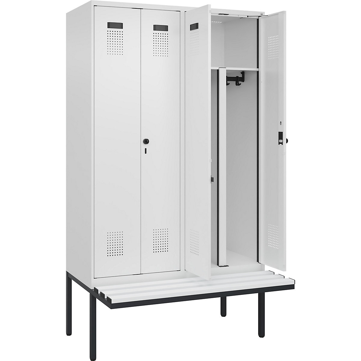 Cacifo com separação de roupa suja/limpa Evolo PLUS com banco, 4 compartimentos, divisória encurtada, branco, L 1200 mm, trinco de segurança rotativo, com banco saliente, plástico-0