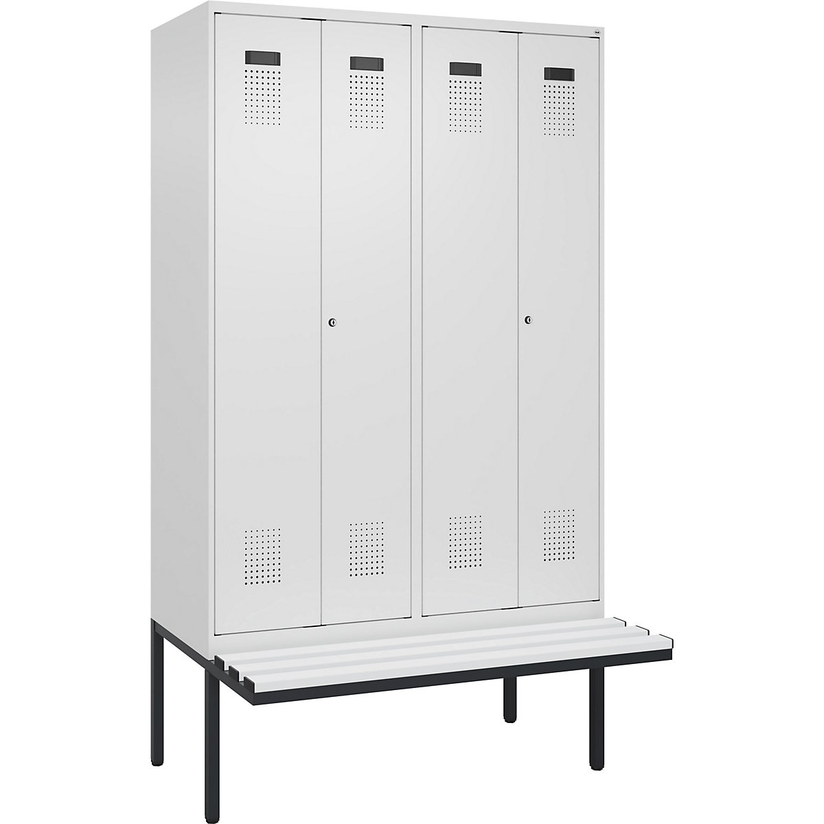 Cacifo com separação de roupa suja/limpa Evolo PLUS com banco, 4 compartimentos, divisória encurtada, branco, L 1200 mm, fechadura de cilindro, com banco saliente, plástico-0