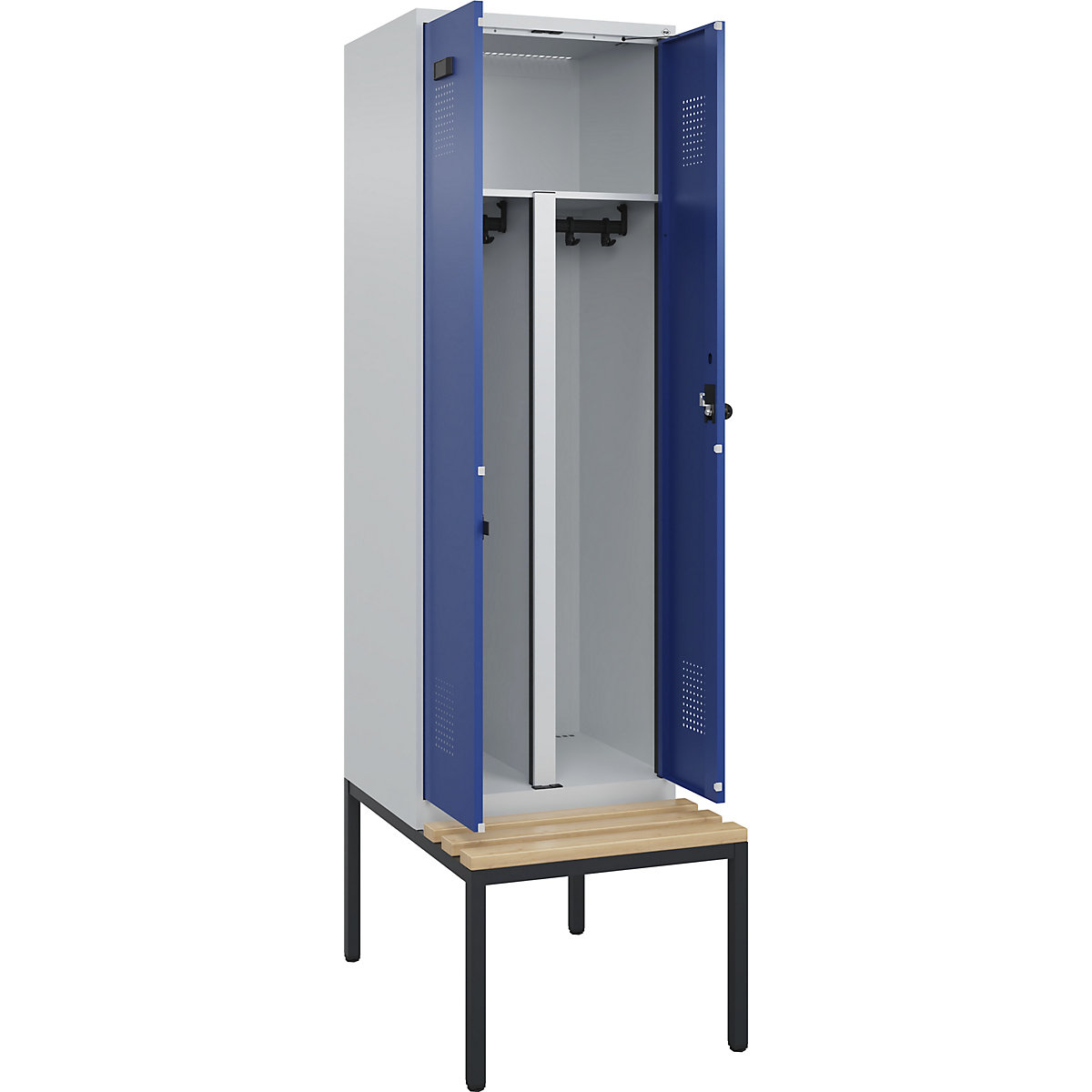 Cacifo com separação de roupa suja/limpa Evolo PLUS com banco, 2 compartimentos, divisória encurtada, cinzento claro/azul genciana, L 600 mm, trinco de segurança rotativo, com banco incorporado, faia-0