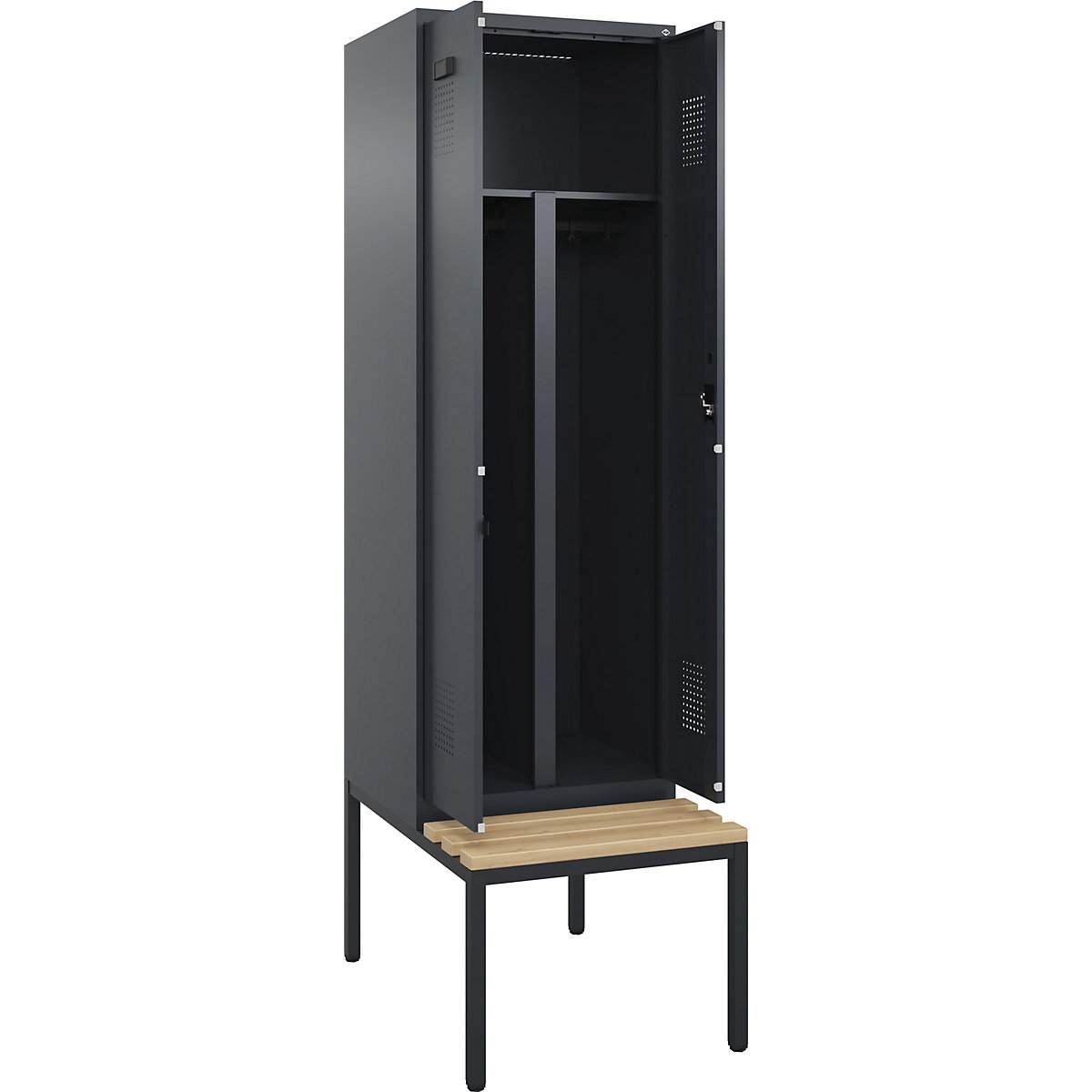 Cacifo com separação de roupa suja/limpa Evolo PLUS com banco, 2 compartimentos, divisória encurtada, cinzento, L 600 mm, fechadura de cilindro, com banco incorporado, faia-0