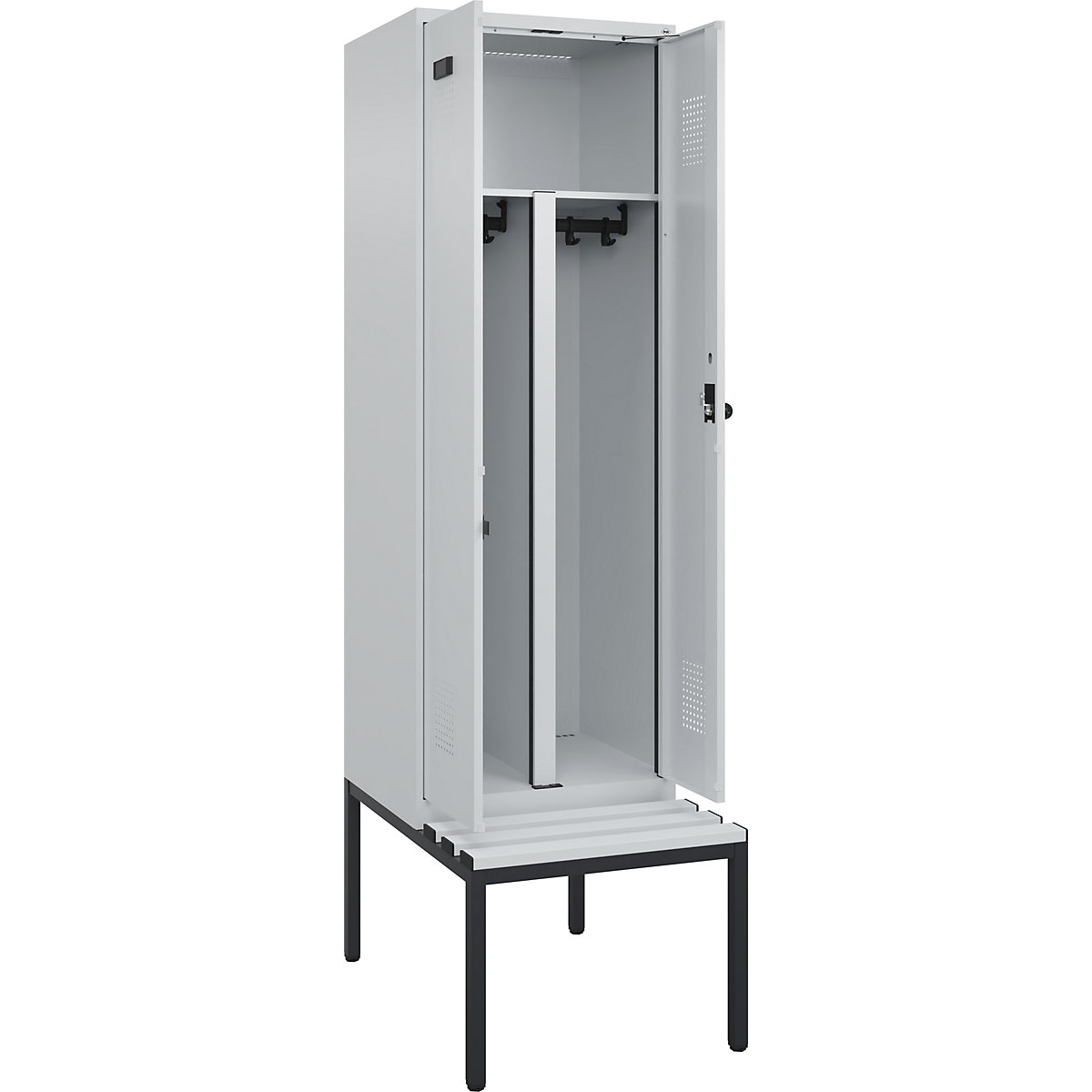 Cacifo com separação de roupa suja/limpa Evolo PLUS com banco, 2 compartimentos, divisória encurtada, cinzento claro/cinzento claro, L 600 mm, trinco de segurança rotativo, com banco incorporado, plástico-0