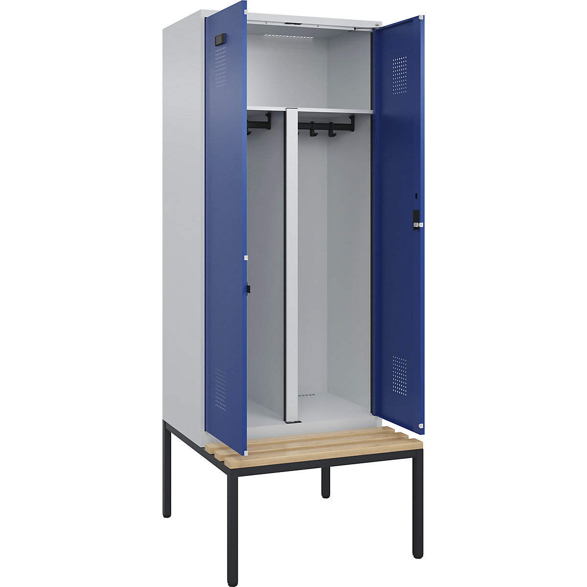 Cacifo com separação de roupa suja/limpa Evolo PLUS com banco, 2 compartimentos, divisória encurtada, cinzento claro/azul genciana, L 800 mm, fechadura de cilindro, com banco incorporado, faia-0