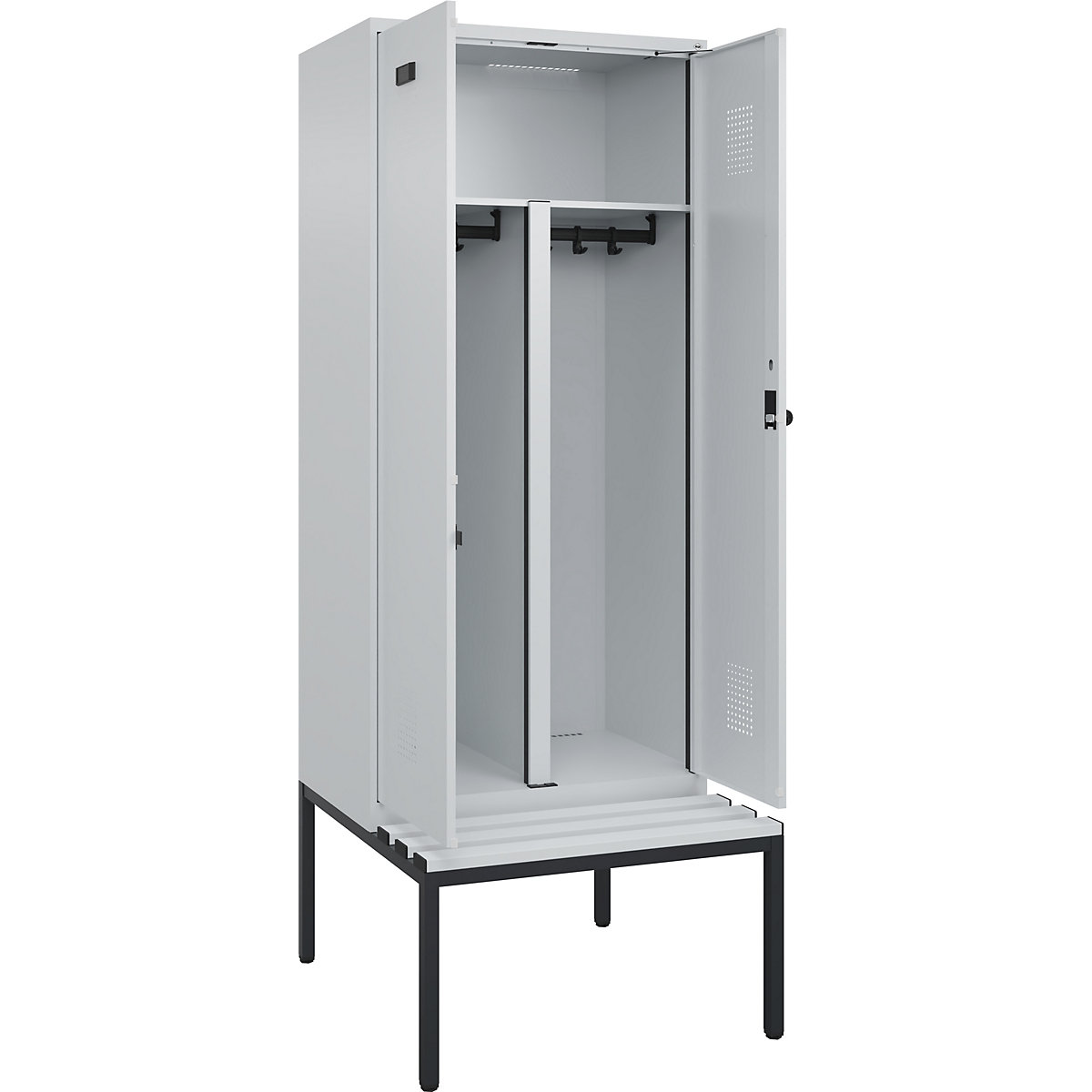 Cacifo com separação de roupa suja/limpa Evolo PLUS com banco, 2 compartimentos, divisória encurtada, cinzento claro/cinzento claro, L 800 mm, trinco de segurança rotativo, com banco incorporado, plástico-0